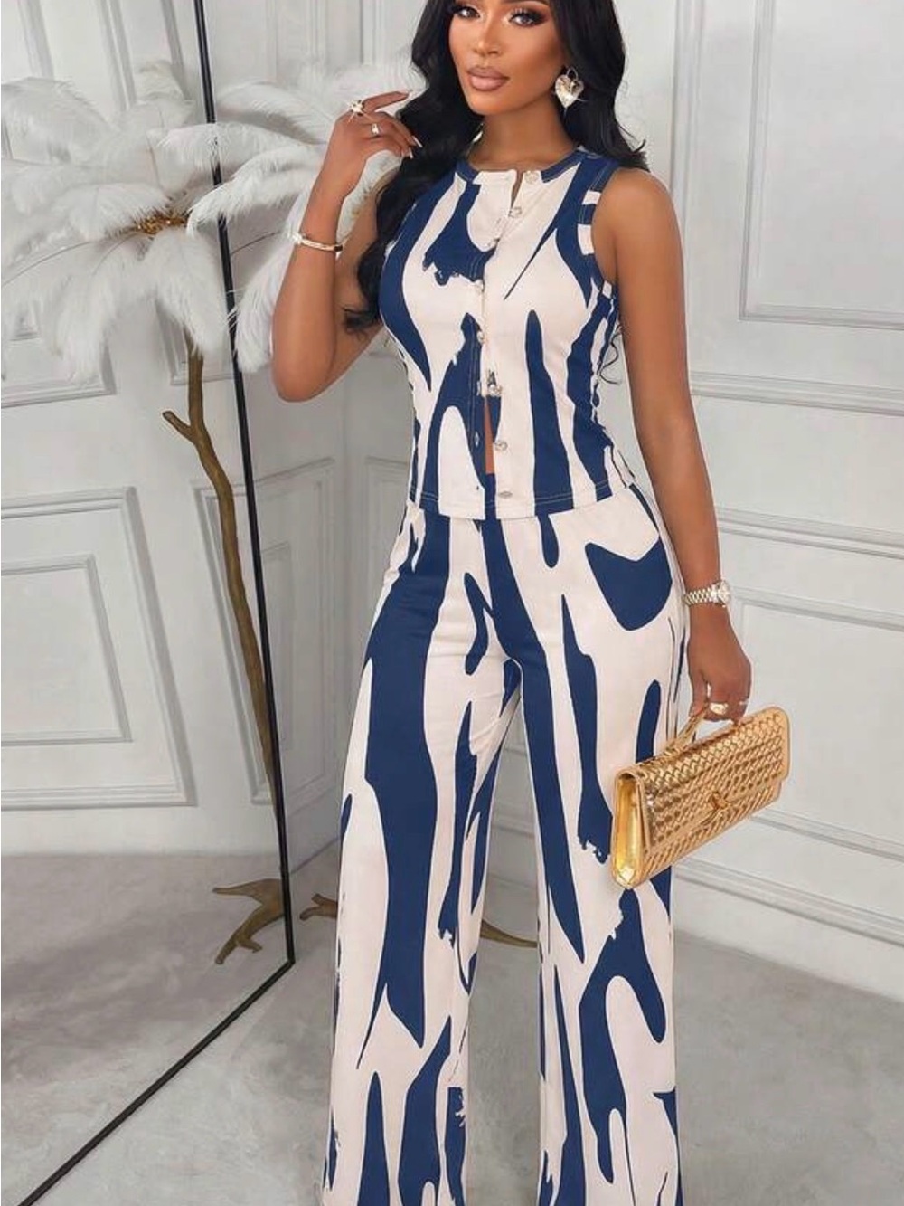 SHEIN Navy & White Wide Leg Printed Jumpsuit